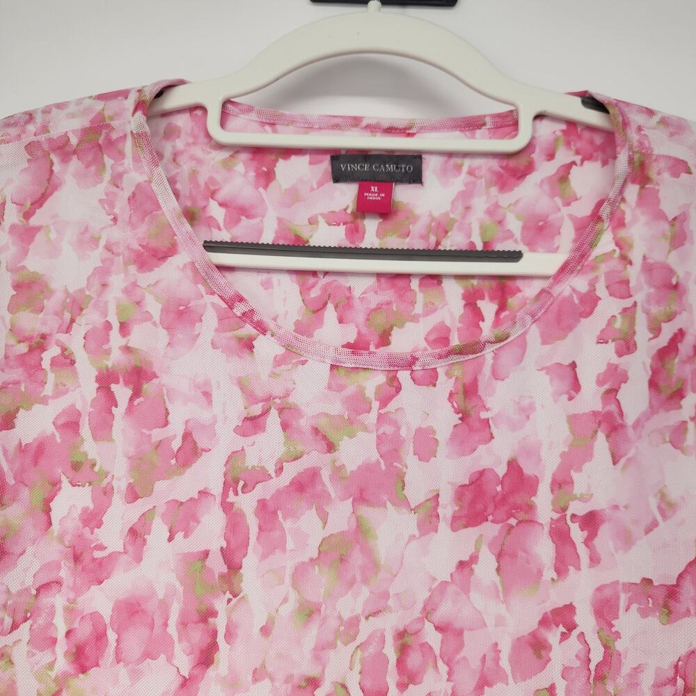 Vince Camuto Pink Abstract Floral Mesh Tiered Flutter Sleeve Top Women's M - Picture 7 of 10